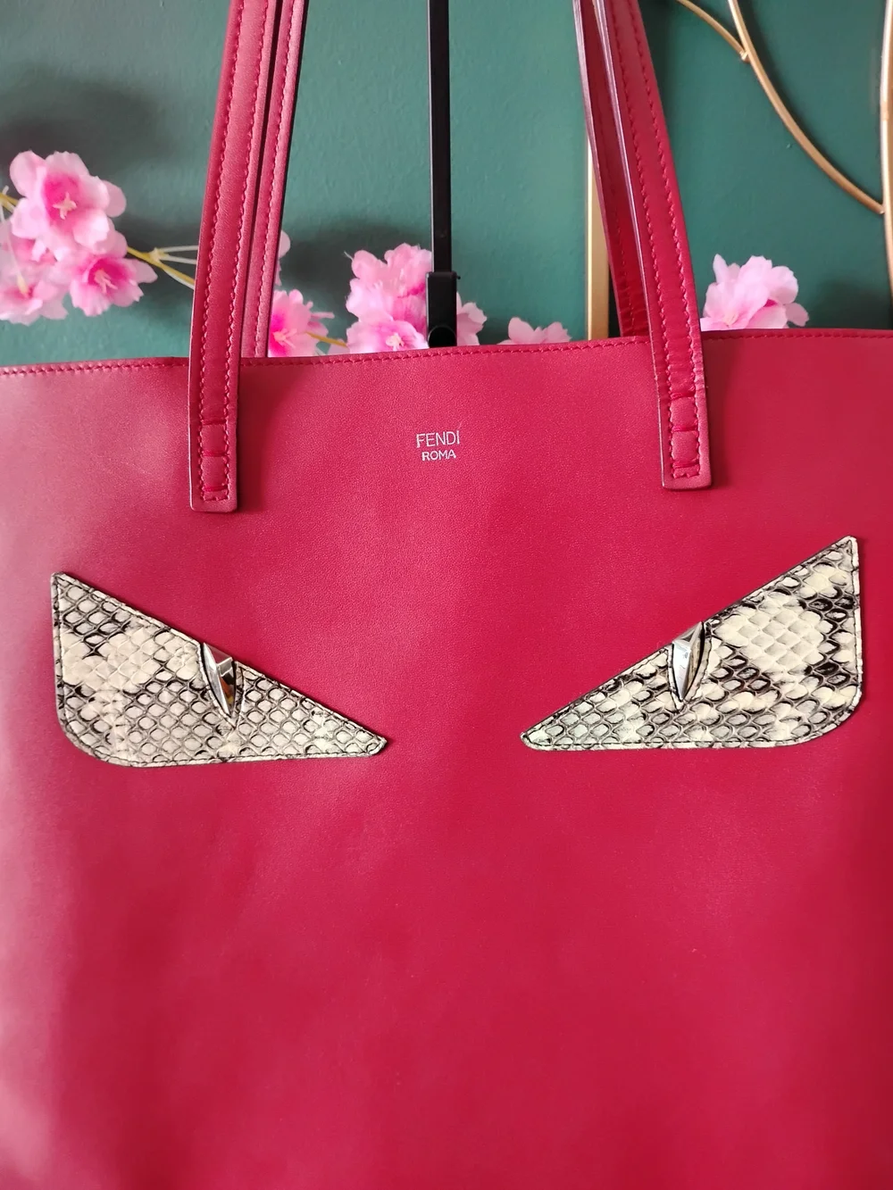 Fendi Red Leather Tote with Snake-Print Eye Detail